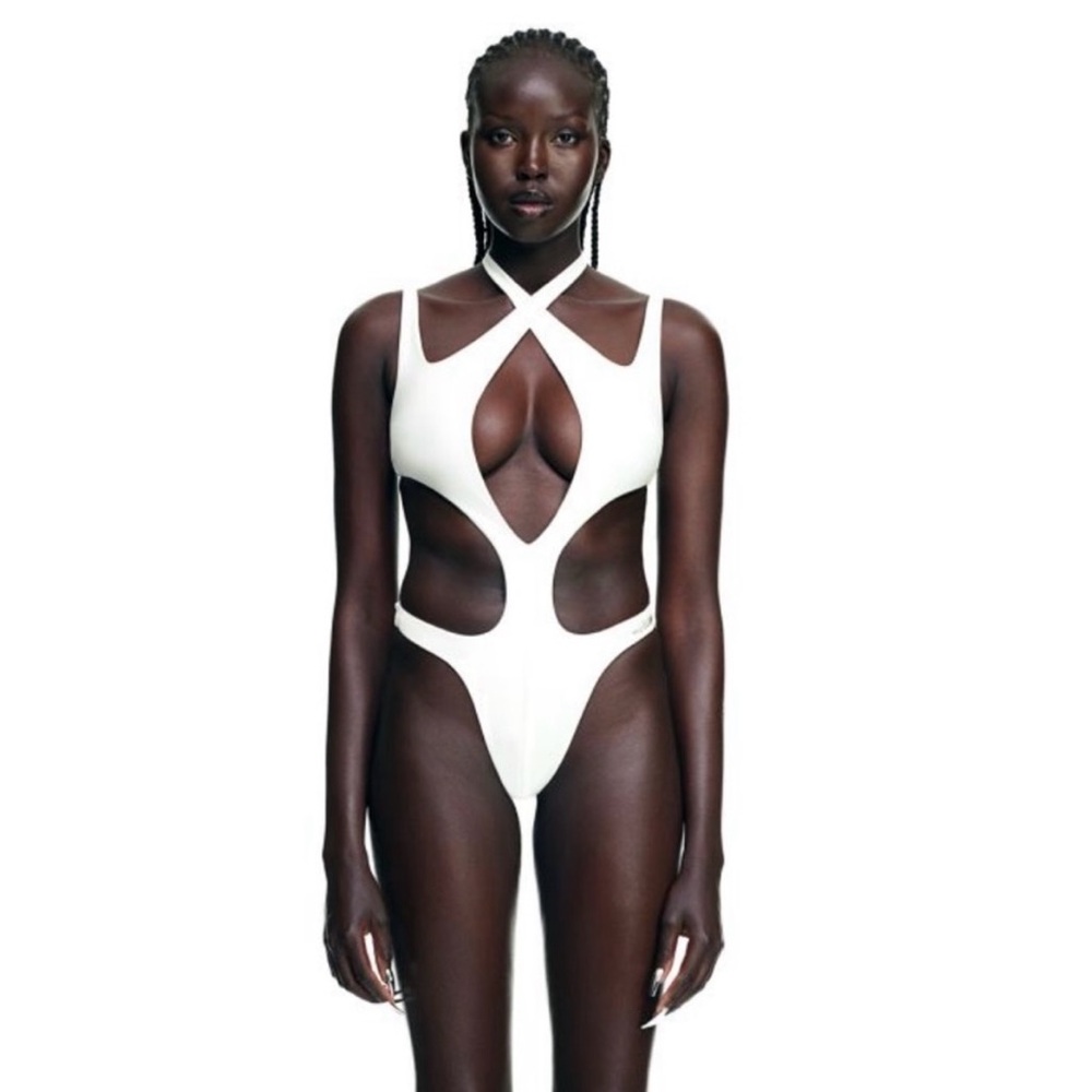 H&M x Mugler Halterneck Cut-Out Swimsuit in White, Size 16